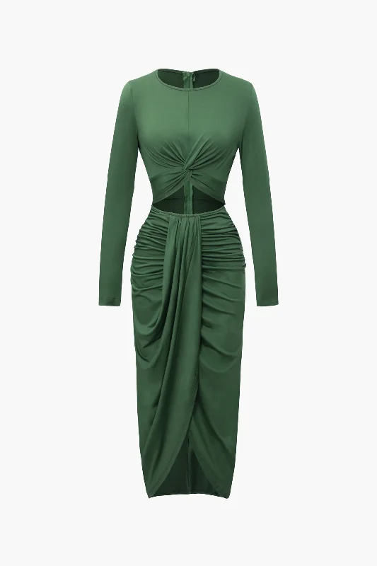 Twist Front Cut Out Ruched Long Sleeve Midi Dress