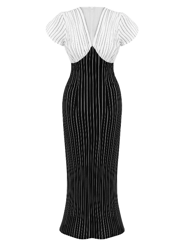 Black&White 1930s Striped Deep V-Neck Patchwork Dress