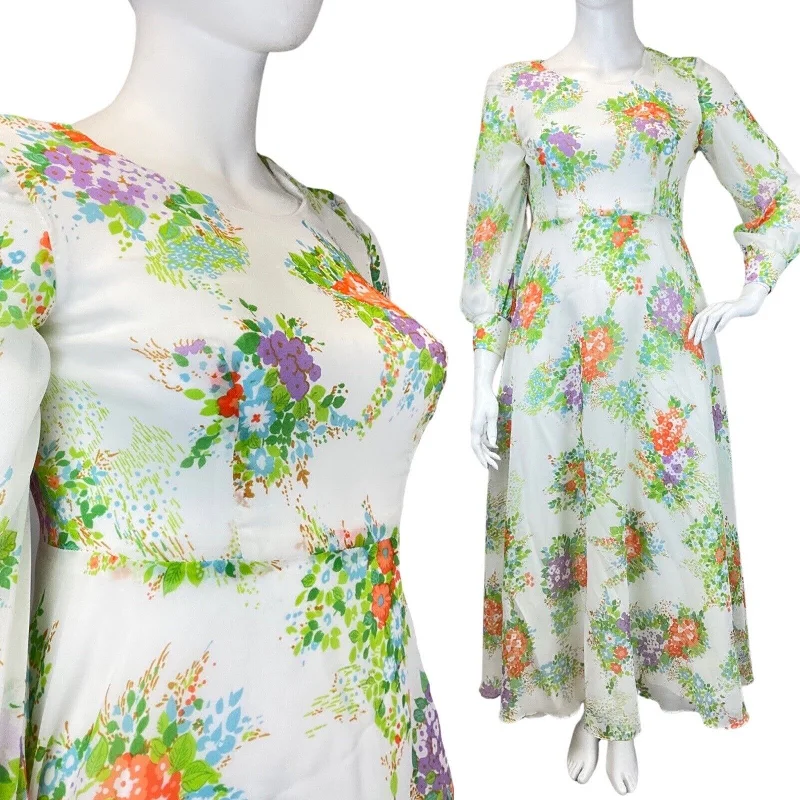 VINTAGE 60s 70s WHITE GREEN ORANGE FLORAL BOUQUET SHEER PRARIE MAXI DRESS 14 16