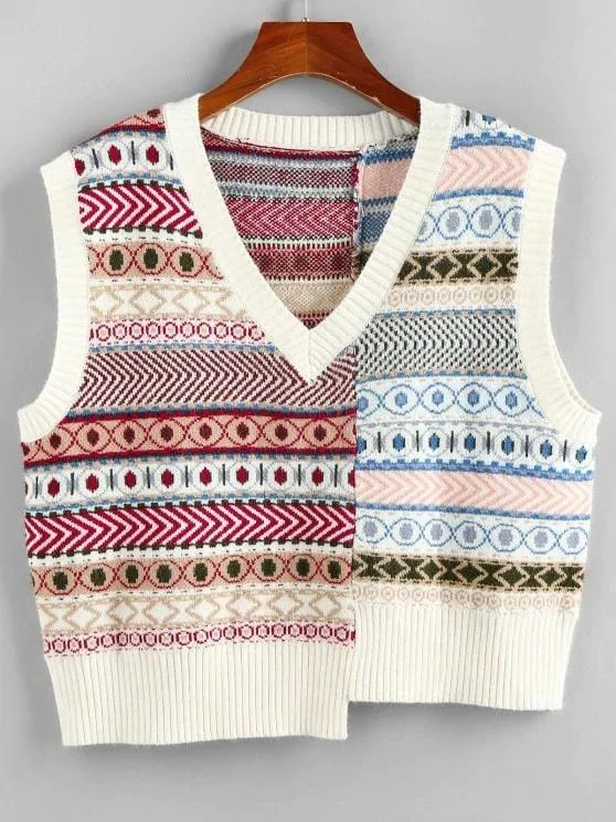 Geo Asymmetrical Patchwork Southwestern Sweater Vest for Women