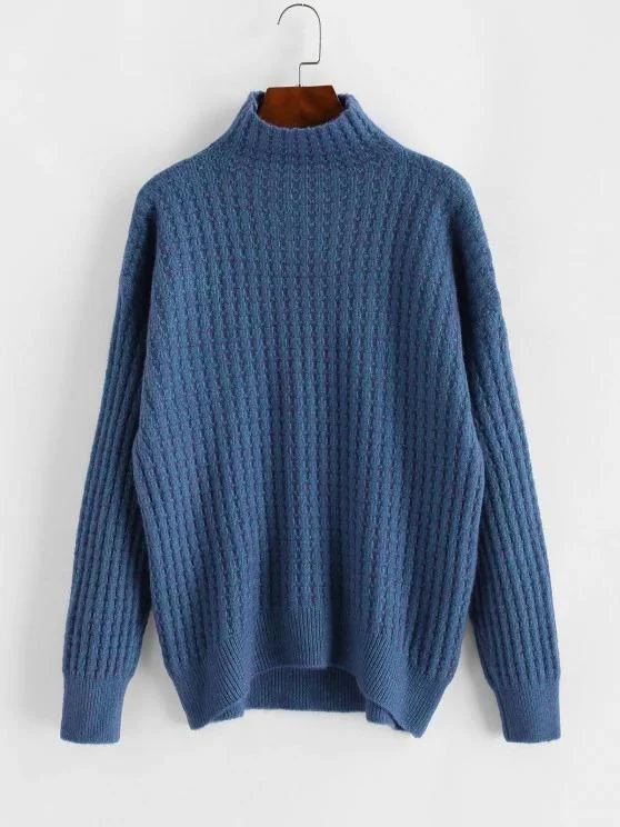 High Collar Drop Shoulder High Low Sweater for Women