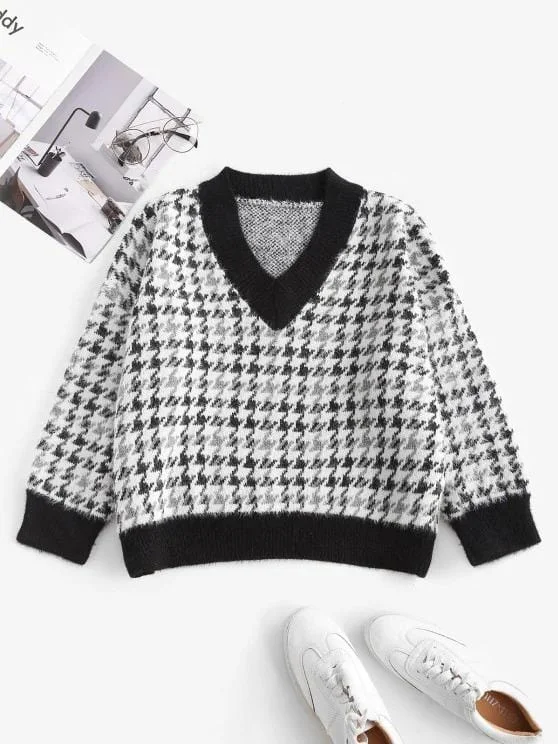 Houndstooth Fuzzy Loose Sweater for Women