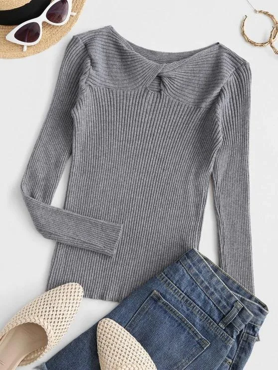 Ribbed Twist Front Basic Knitwear for Women