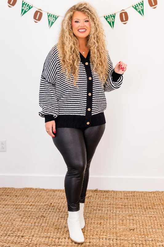 Snuggly Stripe Button-Up Sweater, Black-Ivory