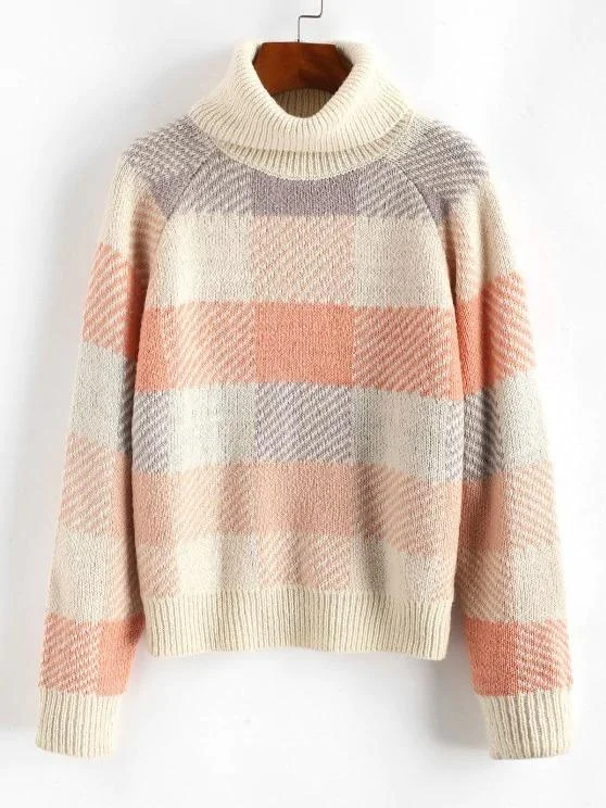 Turtleneck Raglan Sleeve Plaid Sweater for Women