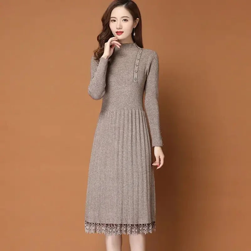 Women Sweater Dress Autumn Winter New Women's Long Lace Sweater S3781806