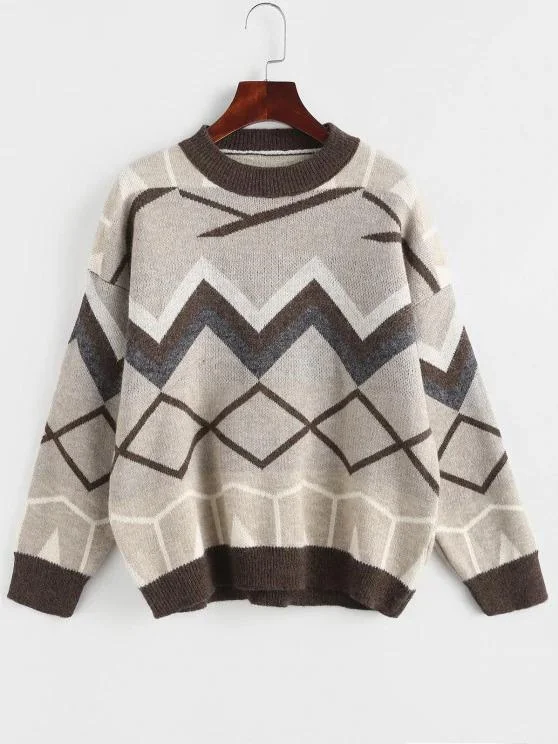 Zig Zag Geo Drop Shoulder Jumper Sweater for Women