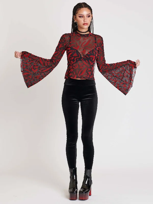 Creatures Flocked Mesh Bell Sleeve Top