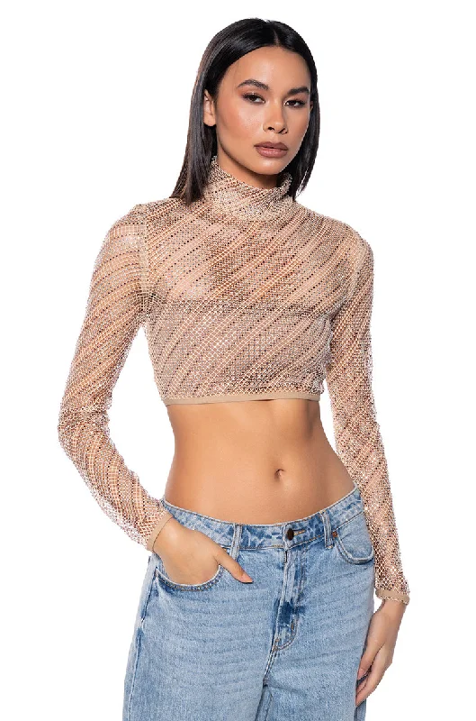 KEEP ME BODIED EMBELLISHED HIGH NECK CROP TOP IN BEIGE MULTI