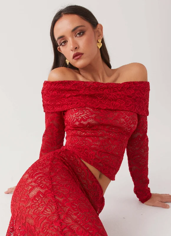 Zephyra Lace Long Sleeve Top - Red