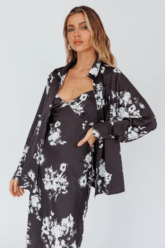 Dillon Long Sleeve Satin Shirt Floral Black