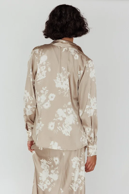 Dillon Long Sleeve Satin Shirt Floral Grey