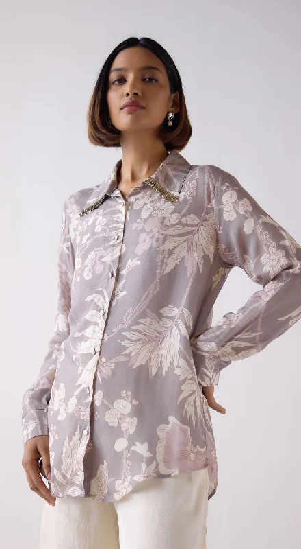 Grey Muslin Floral Printed Shirt