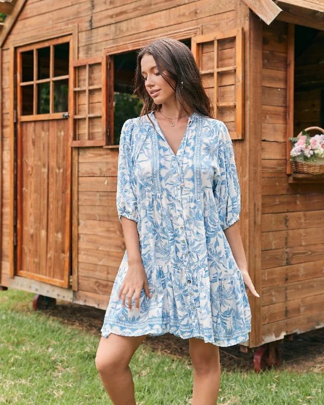 Malia Blue Tropical Button Down Mini Dress