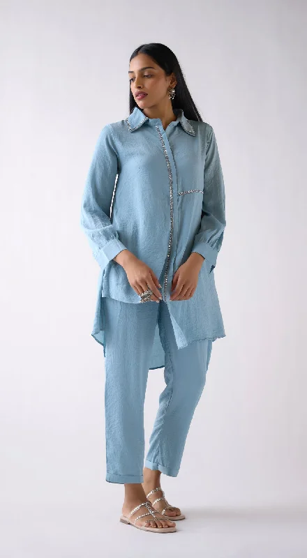 Sky-Blue Crepe Satin Long Shirt