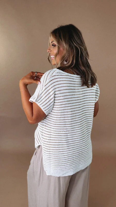 Say Less Short Sleeve Sweater Top, White/Taupe