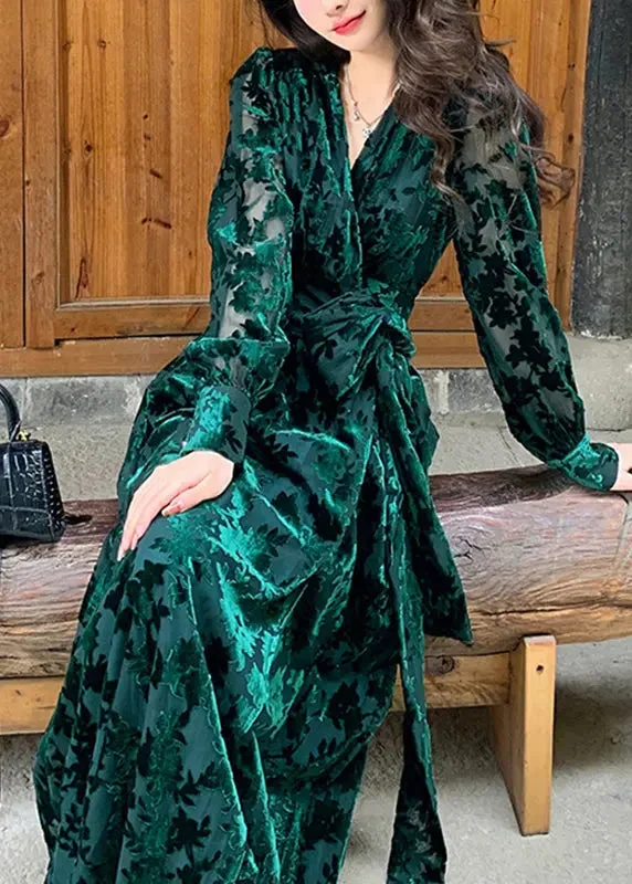 DIY Green V Neck Print Silk Velour Tie Waist Maxi Dresses Fall ML0903