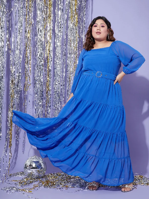 Lyush Women Blue Off Shoulder Tiered Maxi Dress