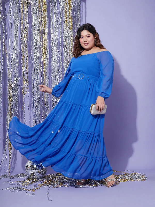 Lyush Women Blue Off Shoulder Tiered Maxi Dress