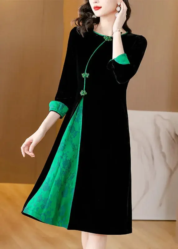 Style Black O-Neck Print Patchwork Button Silk Velour Maxi Dresses Fall ML0915