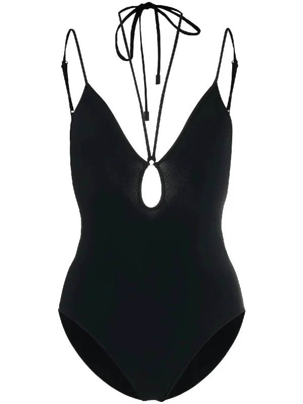 Jeannie Loop Front Halter Tie Srao One Piece In Noir