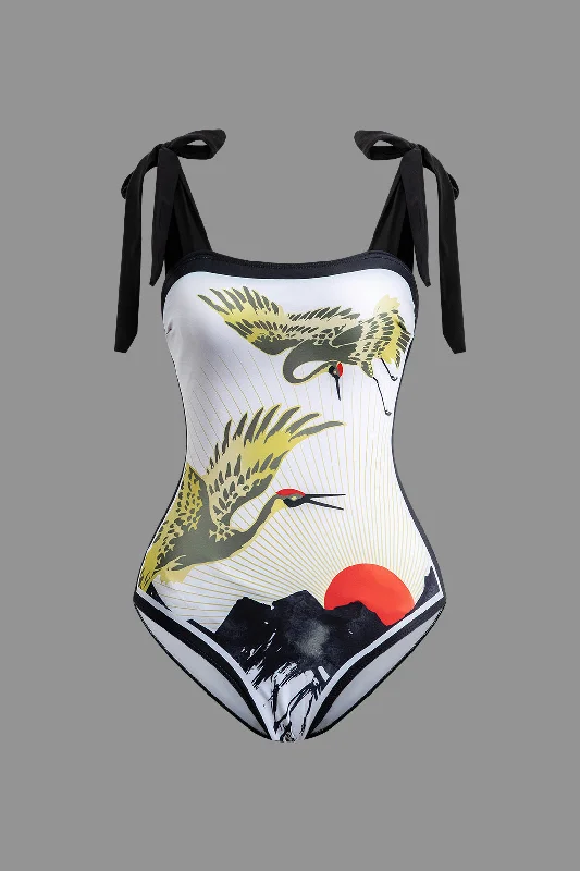 Chinoiserie Pattern Knot Bodysuit And Skirt Swimsuit Set