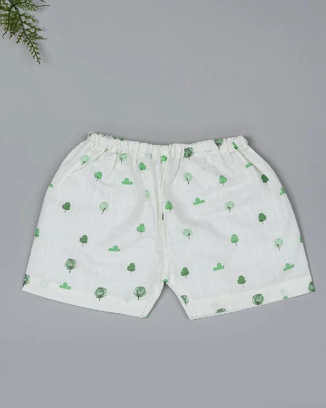 Kiddie Bunch White Shorts-Full Print-Green Grove-Cotton-For Infants