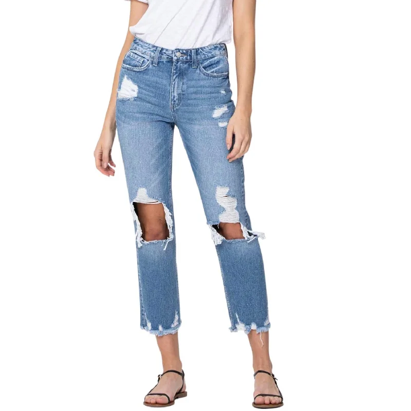 Huge Price Cuts Await!Let Go High Rise Tattered Straight Leg Jean In Medium Wash