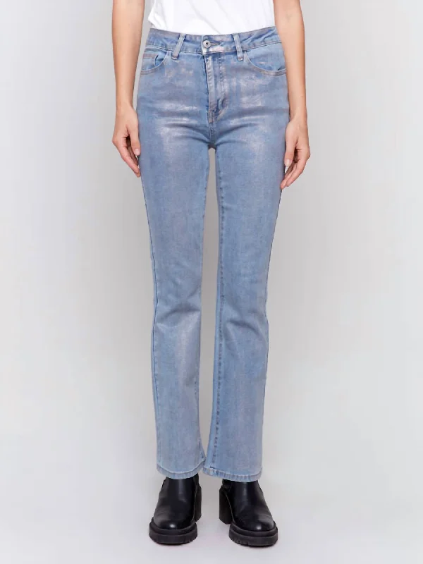 Upgrade for Less!Let Me Shine Shimmer Bootcut Jeans In Silver Blue