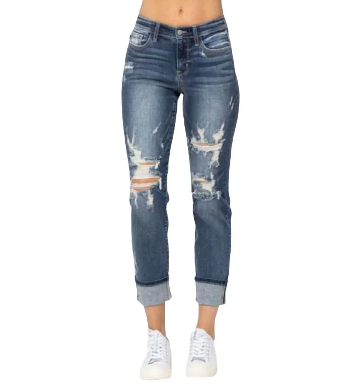 Your Favorite Items on Sale Now!Mid Rise Cuffed Destroy Boyfriend Jean In Blue