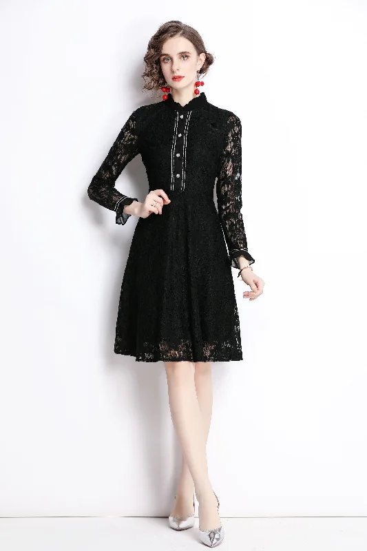 One Day Only – Huge Savings!Black Cocktail A-line Crewneck Long Sleeve Above Knee Lace Dress