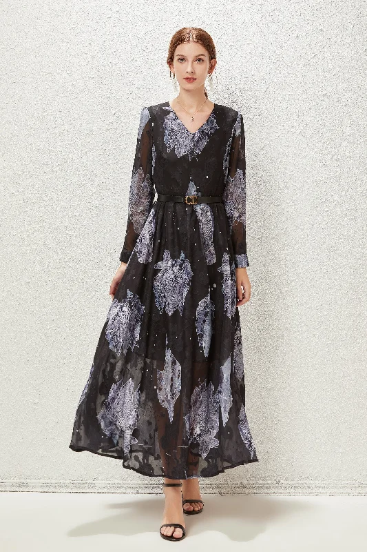 Shop Smart, Save Big!Black & Gray Cocktail A-line V-neck Long Sleeve Tea Floral Dress