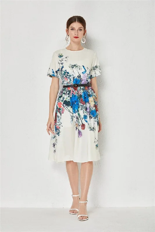 The Best Deals Won’t Wait!Black & Multicolor Print Day A-line Crewneck Short Sleeve Below Knee Dress