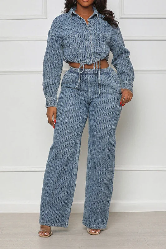 Get More, Spend Less – Shop Now!Checked Denim Retro Drawstring Pant Suit