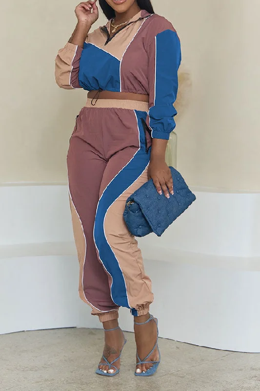 Your Discount is Waiting!Color Block Patchwork Sporty Drawstring Pant Suit