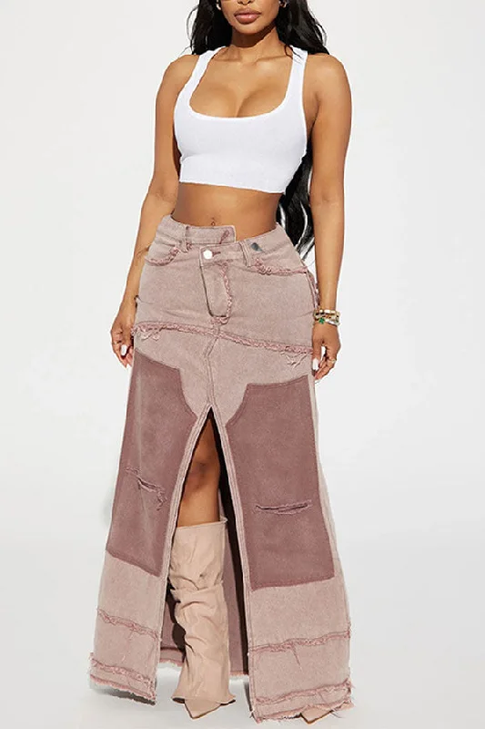 Snag the Best Prices Now!Color Block Patchwork Unique High Split Denim Skirt