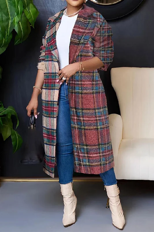 Your Chance to Save is Now!Color Block Plaid Feminine Turndown Collar Coat