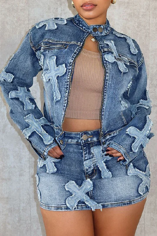 Today Only – Don’t Miss It!Cross Applique Retro Washed Denim Skirt Suit