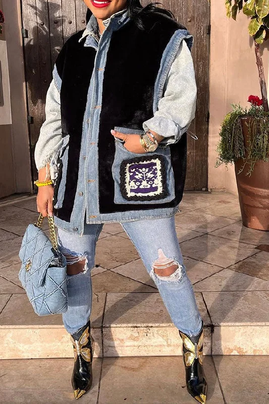 Limited Stock Available!Faux Fur Patchwork Retro Denim Gilet