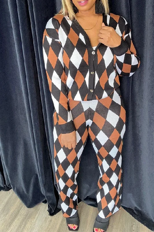 The Best Sale of the Year!Hit Color Checked Casual Knitted Pant Suit