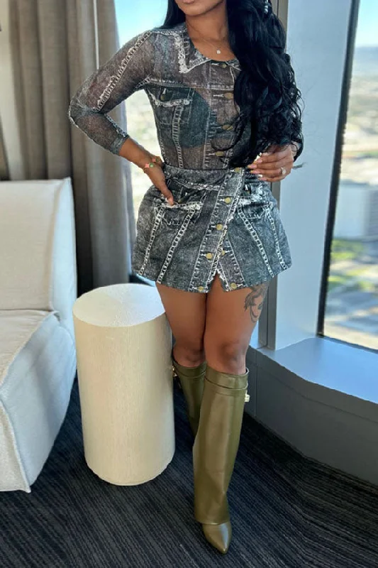 Don't Miss Out!Imitation Denim Print Flattering See-Through Skirt Suit