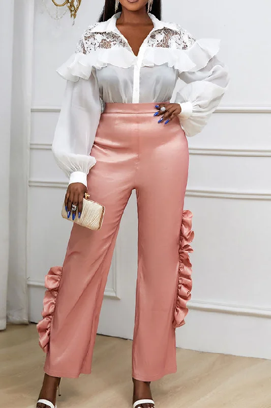 Steals and Deals Await!Lace Patchwork Sweet Ruffles Hit Color Pant Suit