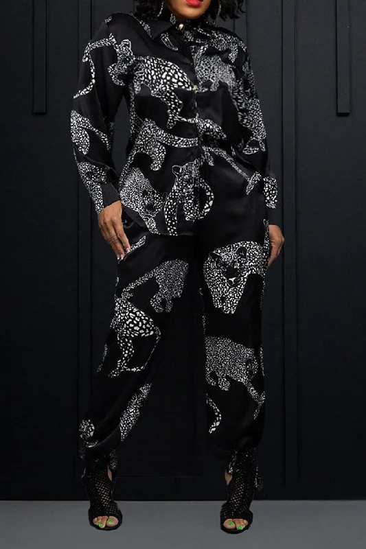New Discounts Just Dropped!Leopard Print Shirt Collar Stylish Pant Suit