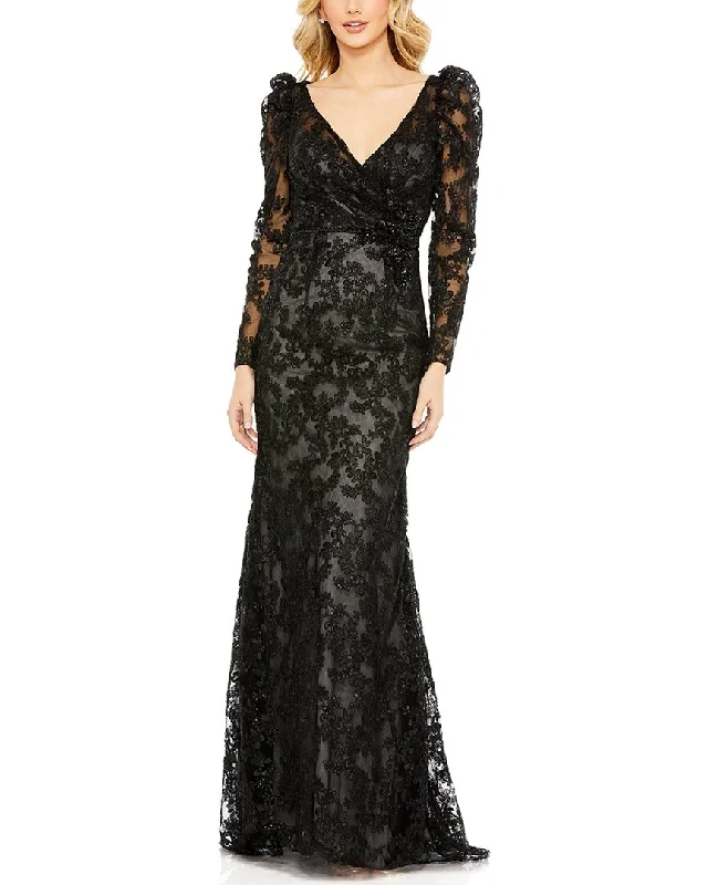 Score Huge Discounts Today!Mac Duggal Embroidered Lace Puff Sleeve Wrap Over Gown