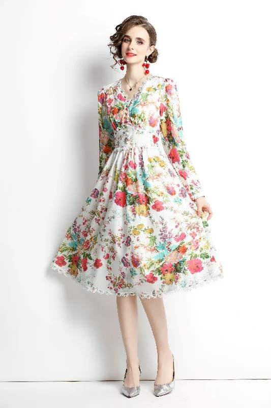 Price Drop Alert!Multicolor Day A-line V-neck Long Sleeve Below Knee Printed Dress