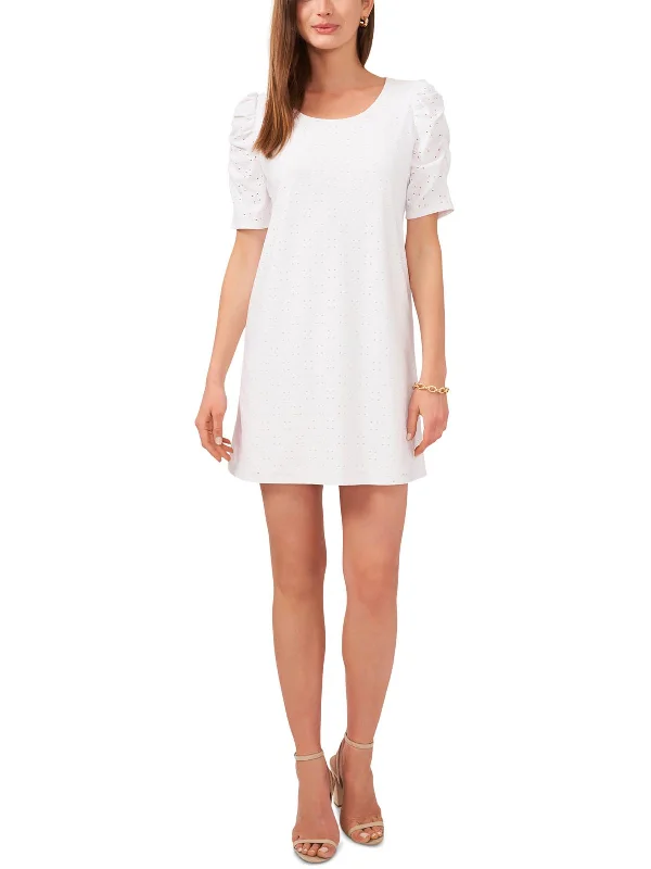 Find Your Perfect Deal Today!Petites Womens Eyelet Puff Sleeves Shift Dress