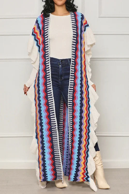 Hurry, Sale Ends Soon!Rainbow Chevron Jacquard Elegant Ruffled Cardigan