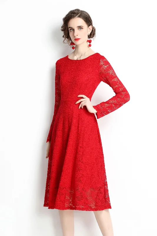 Stock Up and Save!Red Evening Lace A-line Boatneck Long Sleeve Midi Classic Dress