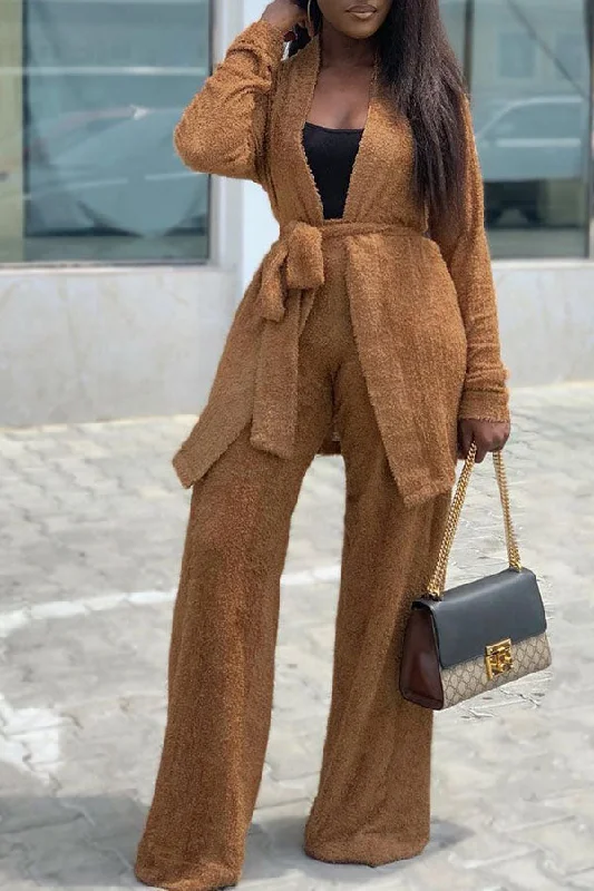 Get More, Spend Less – Shop Now!Solid Color Fluffy Simple Belted Pant Suit