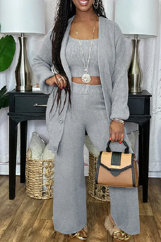 Save Up to 50% Off!Solid Color Laid Back Knitted Pant Suit (Three Pieces)